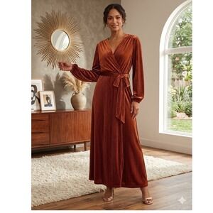 Simplee Plus Rust Pleated Velvet Wrap Maxi Dress V-Neck Long Sleeve 2XL